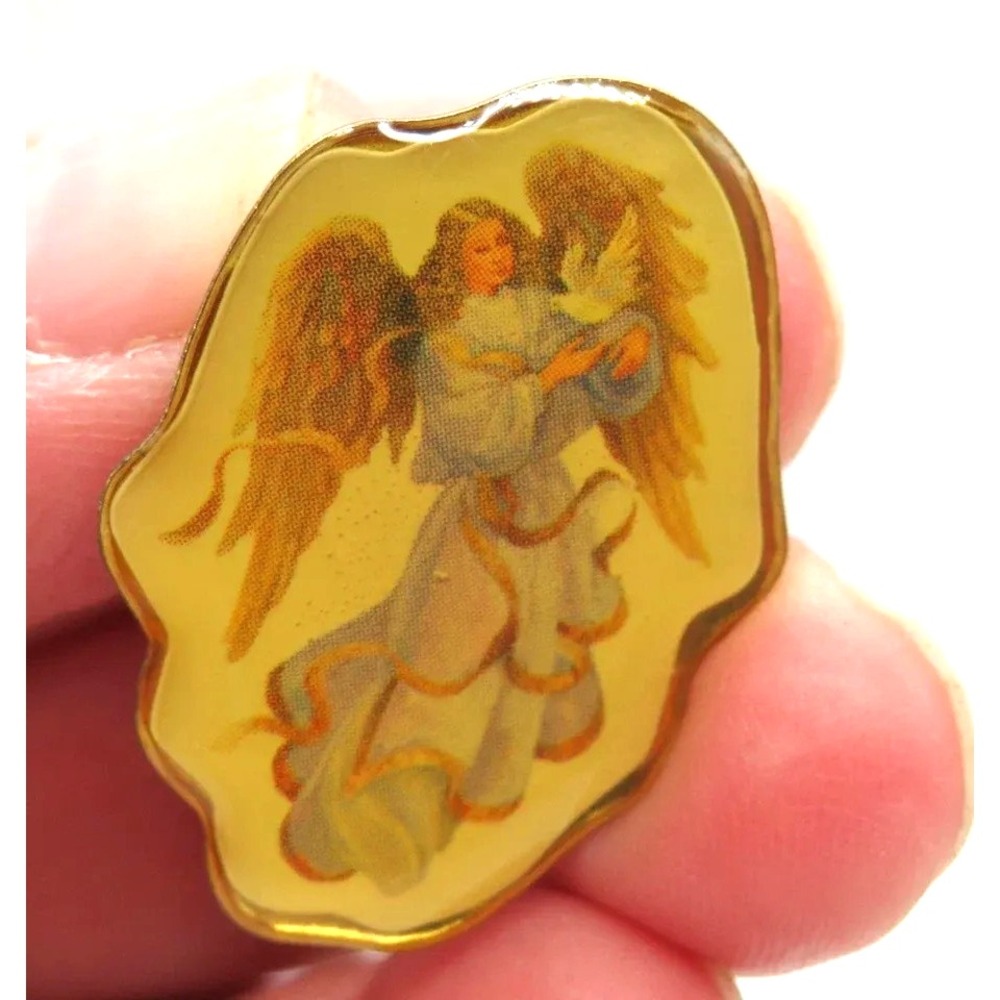 Vintage Style Guardian Angel Dove Lapel Pin Gold Tone Religious Christian Brooch